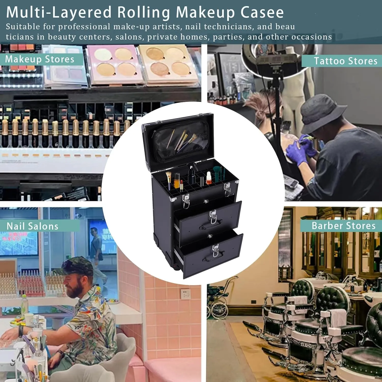 Portability Professional Makeup Artist Case with Locks, Multi functional Rolling Train Cosmetic Case with Wheels,Large Trolley Storage Case for Nail for Hair Stylists and Beauticians (Black)