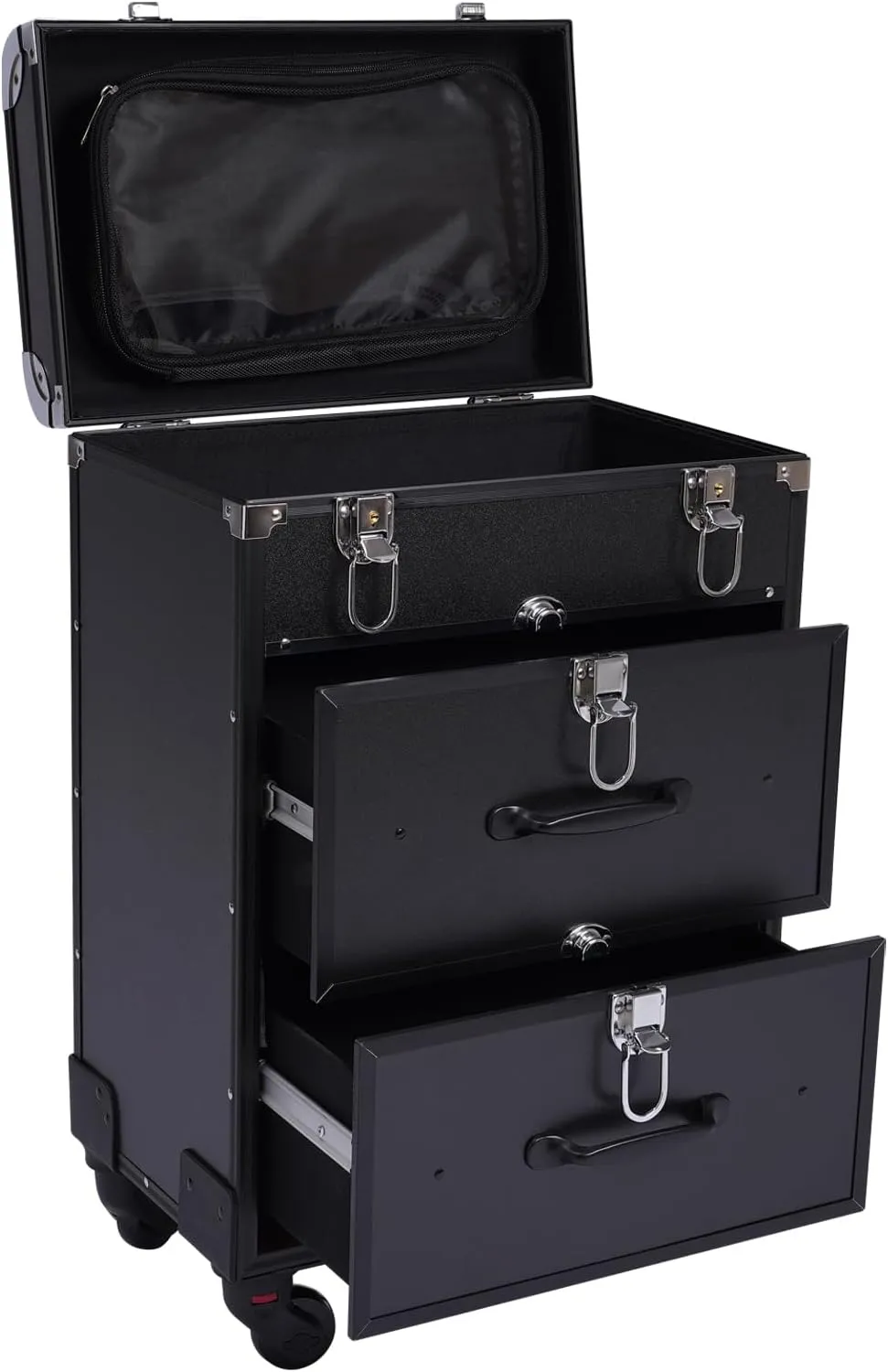 Portability Professional Makeup Artist Case with Locks, Multi functional Rolling Train Cosmetic Case with Wheels,Large Trolley Storage Case for Nail for Hair Stylists and Beauticians (Black)
