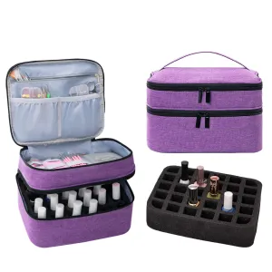 Portable Nail Polish Carrying Case, Holds 30 Bottles, Double Layer Design Nail Polish Holder, Professional Travel Organizer Bag for Nail Varnish and Manicure Set (Purple)