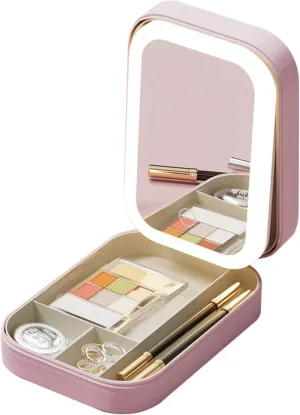 Portable Travel Makeup Bag With LED Mirror Rechargeable Beauty Mirror With 3 Color Light Dimmable Brightness Waterproof Cosmetic Bag With 4 Compartmen
