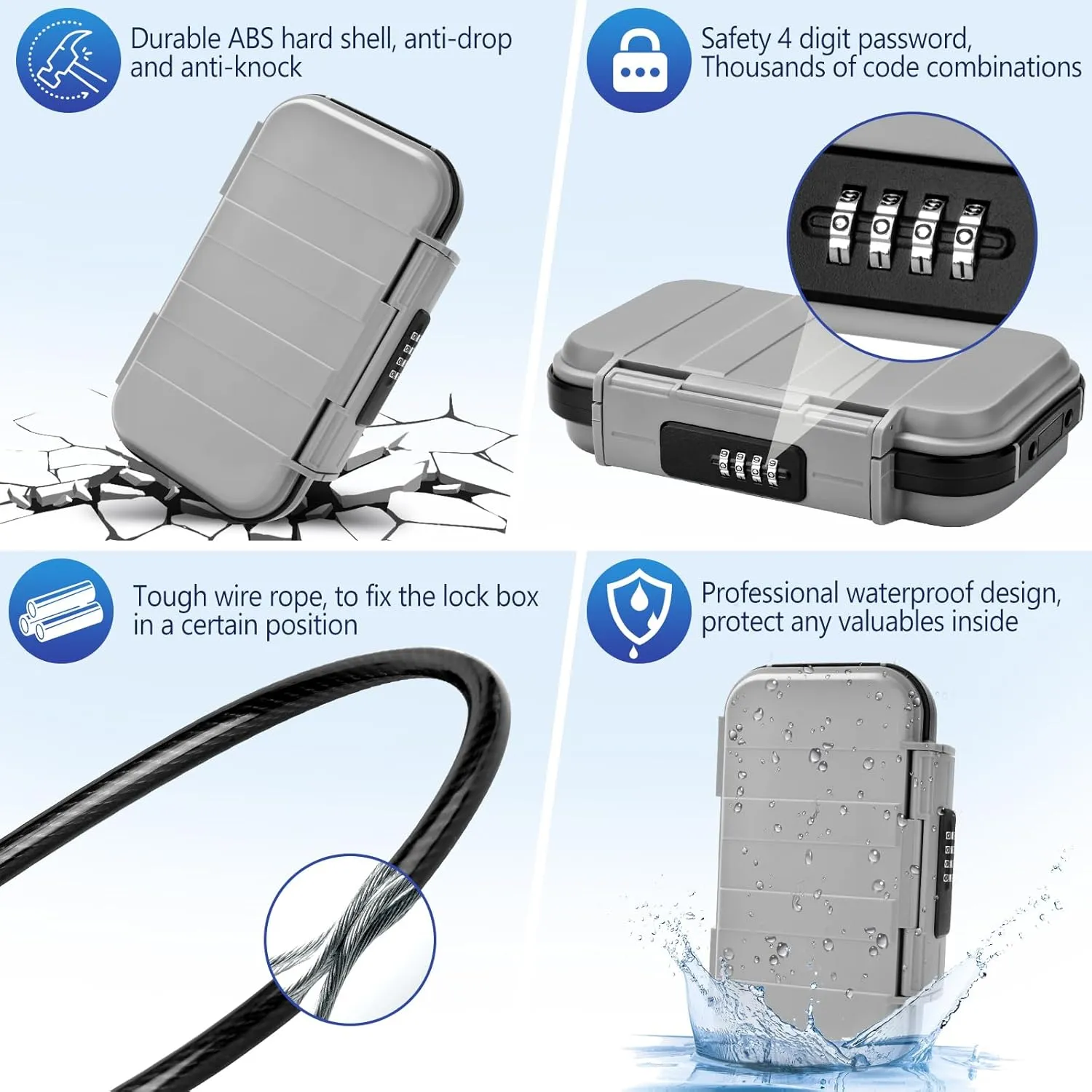 Portable Travel Safe Lock Box 4-Digit Combination Mini Safe Box, Anti-Theft Beach Security Lockbox Waterproof Small Lockable Box with Removable Wire Rope for Dorm Beach Hotel Car Home Office