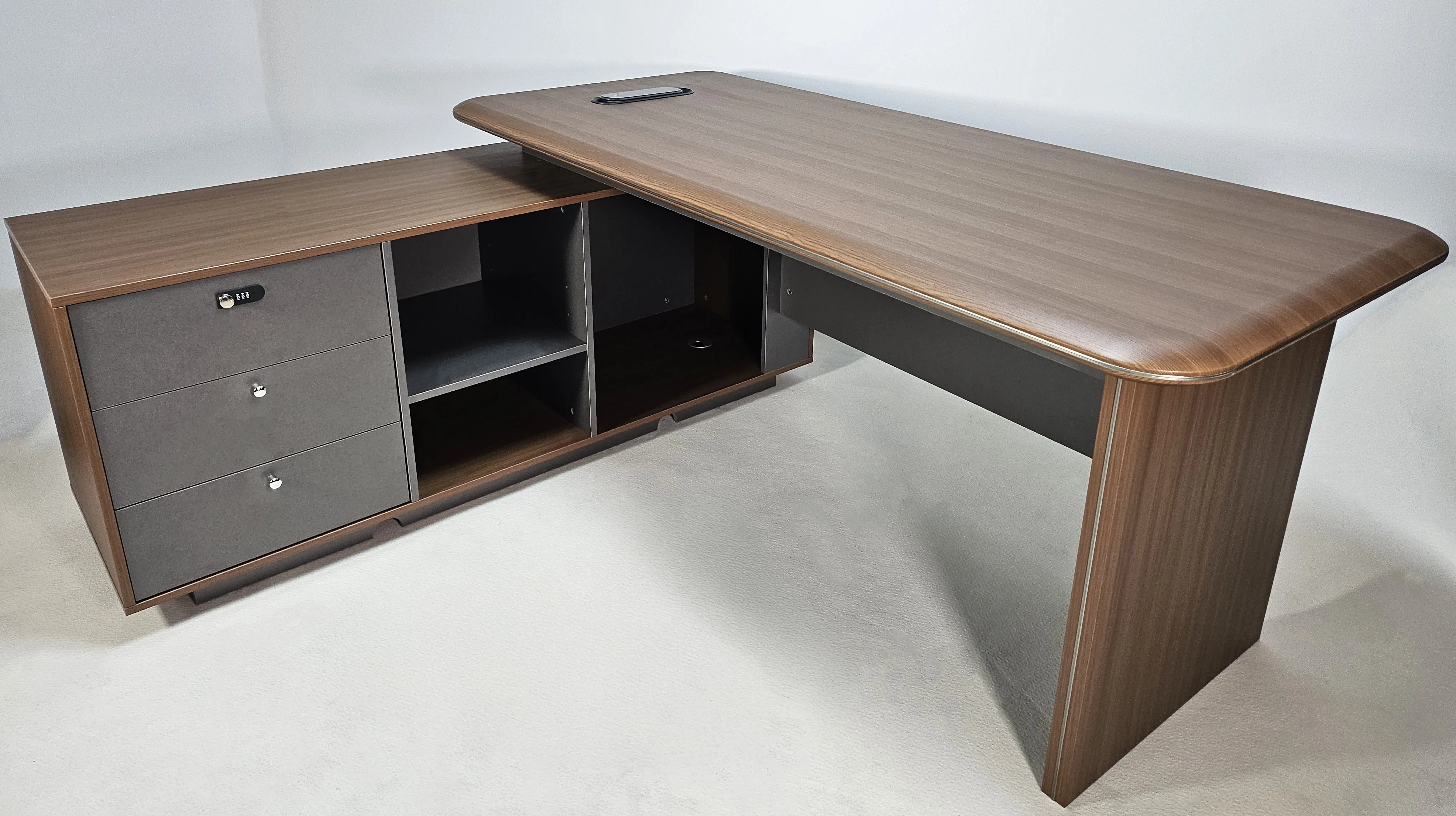 Premium Executive Corner Office Desk in American Walnut Melamine - Desktop Power Included - 1600mm, 1800mm, 2000mm - DG27-D01