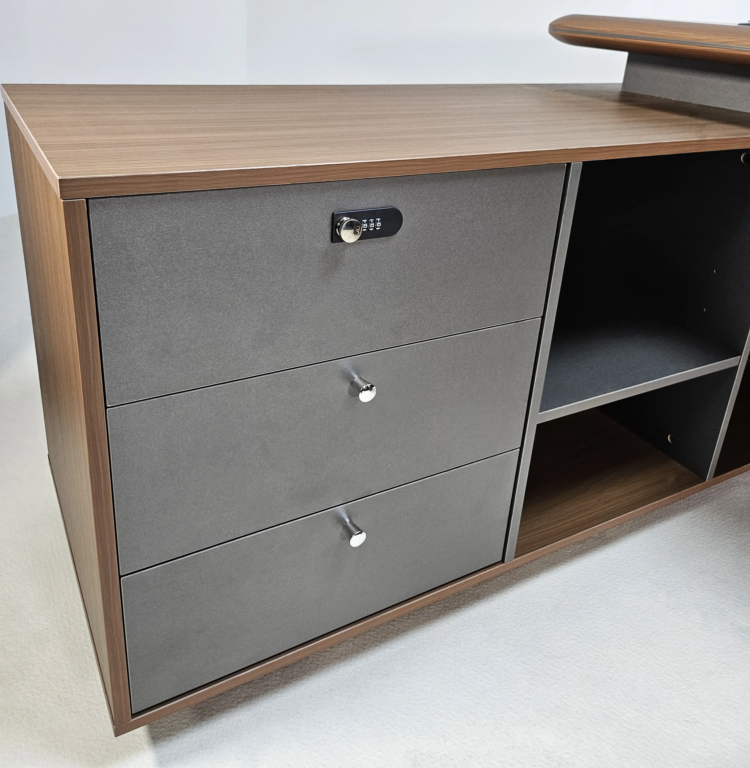 Premium Executive Corner Office Desk in American Walnut Melamine - Desktop Power Included - 1600mm, 1800mm, 2000mm - DG27-D01