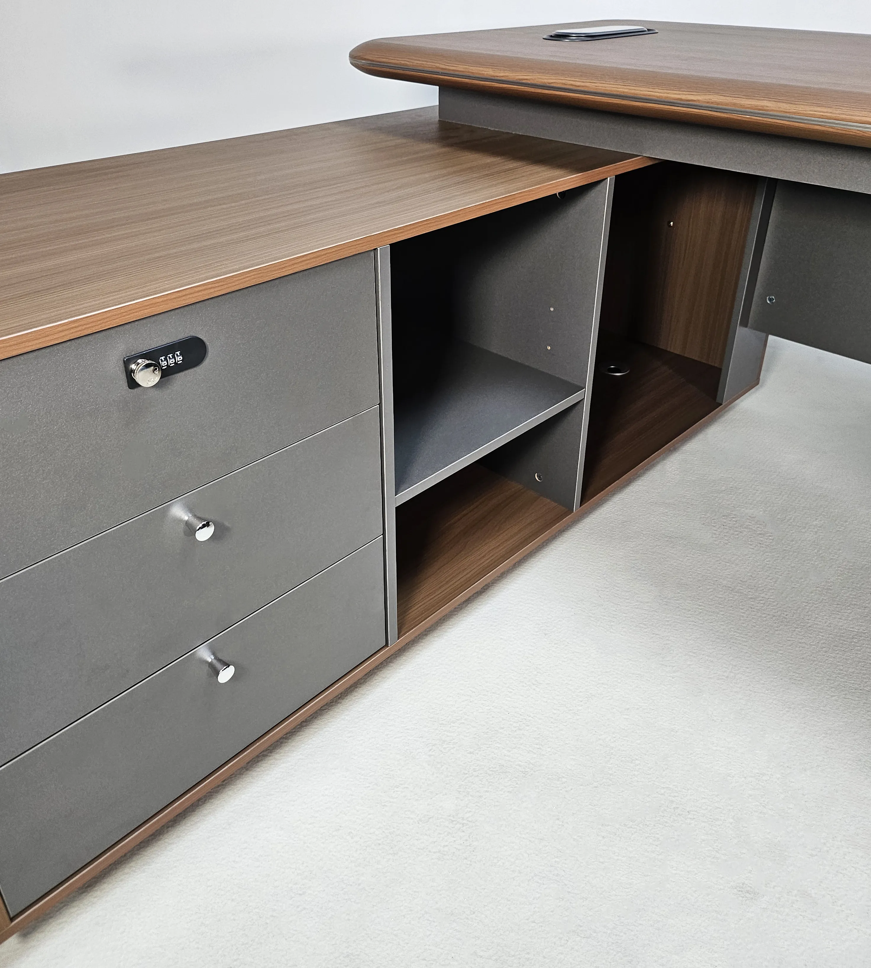 Premium Executive Corner Office Desk in American Walnut Melamine - Desktop Power Included - 1600mm, 1800mm, 2000mm - DG27-D01