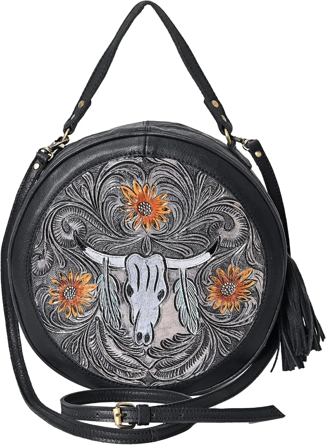 Premium Handtooled Leather Round Western Crossbody Bag Purses For Women