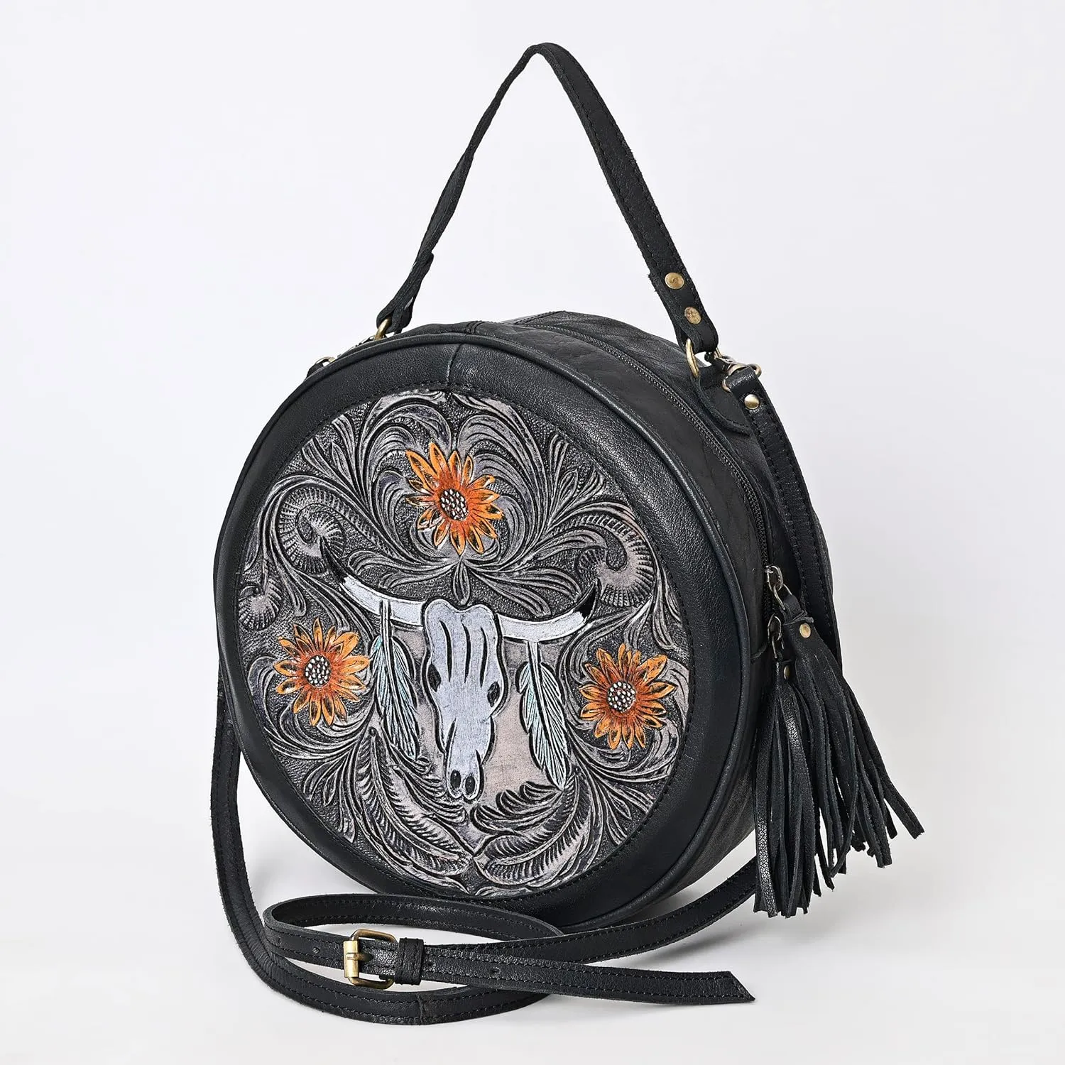 Premium Handtooled Leather Round Western Crossbody Bag Purses For Women