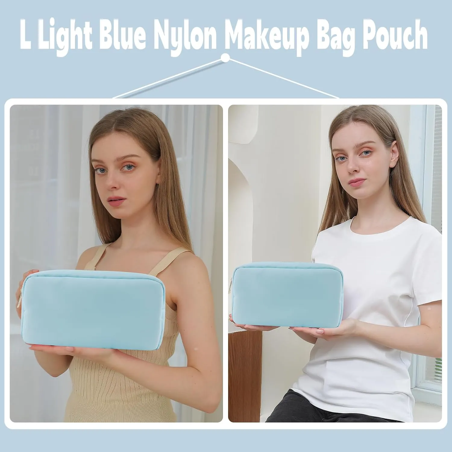 Preppy Stuff Makeup Bag Travel Toiletry Bag for Women Water-resistant Nylon Zipper Cosmetic Pouch with Four Pockets (L,Light Blue)