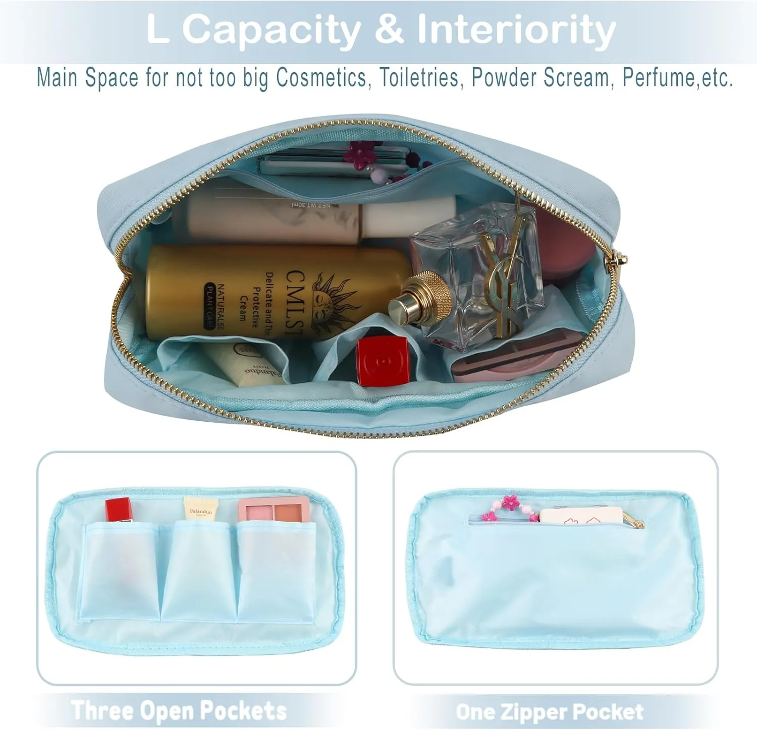 Preppy Stuff Makeup Bag Travel Toiletry Bag for Women Water-resistant Nylon Zipper Cosmetic Pouch with Four Pockets (L,Light Blue)