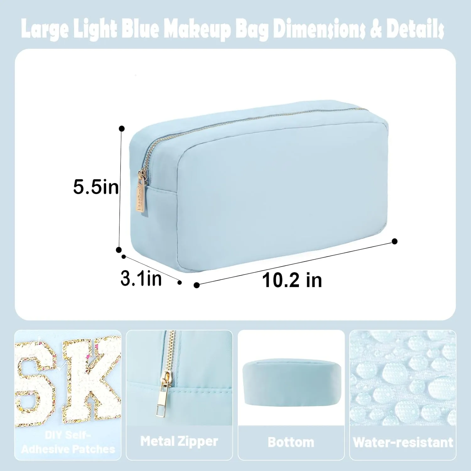 Preppy Stuff Makeup Bag Travel Toiletry Bag for Women Water-resistant Nylon Zipper Cosmetic Pouch with Four Pockets (L,Light Blue)