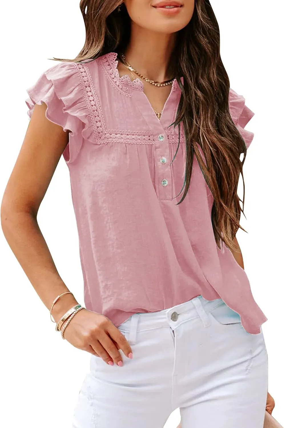 PRETTODAY Women's V Neck Lace Crochet Shirts Button Down Short Sleeve Casual Blouse Tops