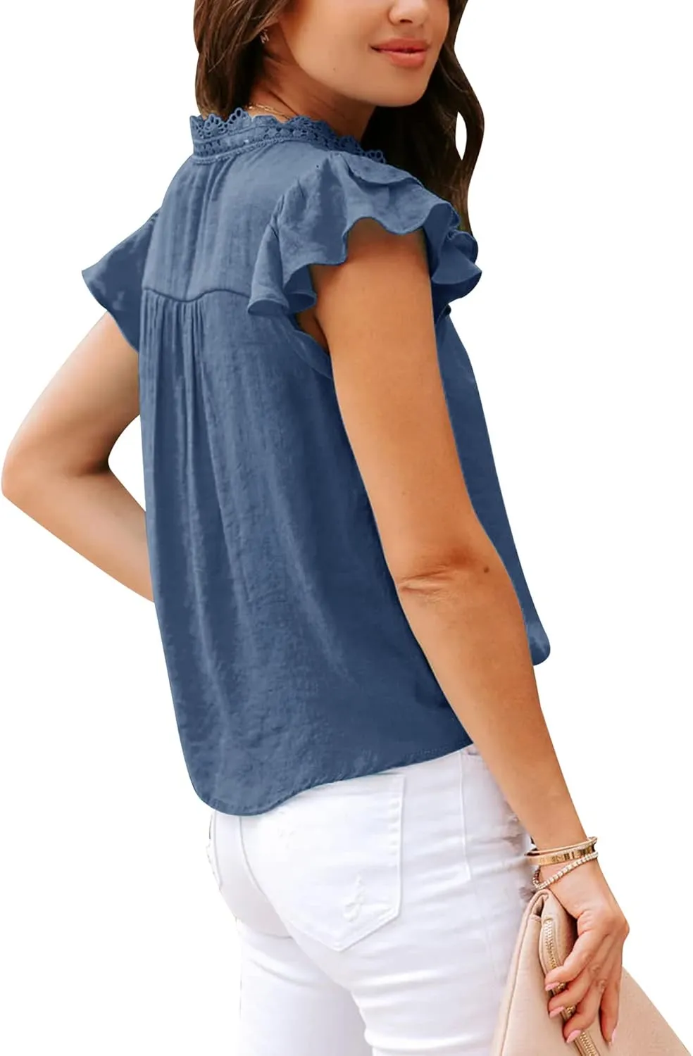 PRETTODAY Women's V Neck Lace Crochet Shirts Button Down Short Sleeve Casual Blouse Tops