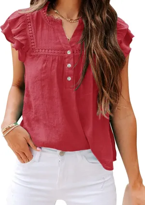 PRETTODAY Women's V Neck Lace Crochet Shirts Button Down Short Sleeve Casual Blouse Tops