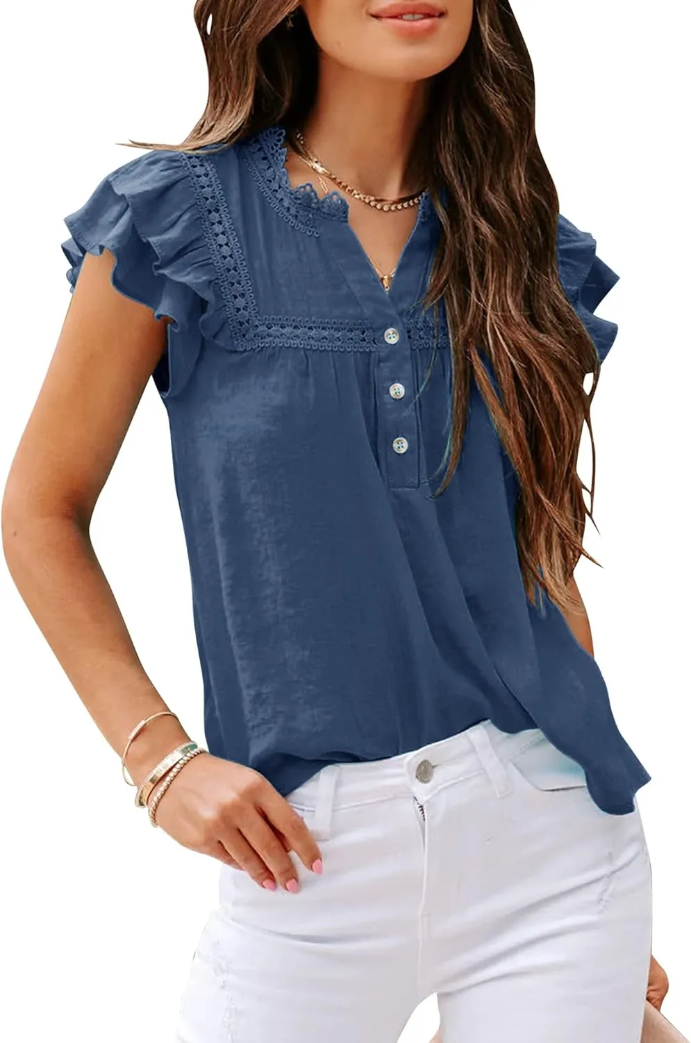 PRETTODAY Women's V Neck Lace Crochet Shirts Button Down Short Sleeve Casual Blouse Tops