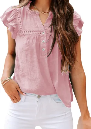 PRETTODAY Women's V Neck Lace Crochet Shirts Button Down Short Sleeve Casual Blouse Tops
