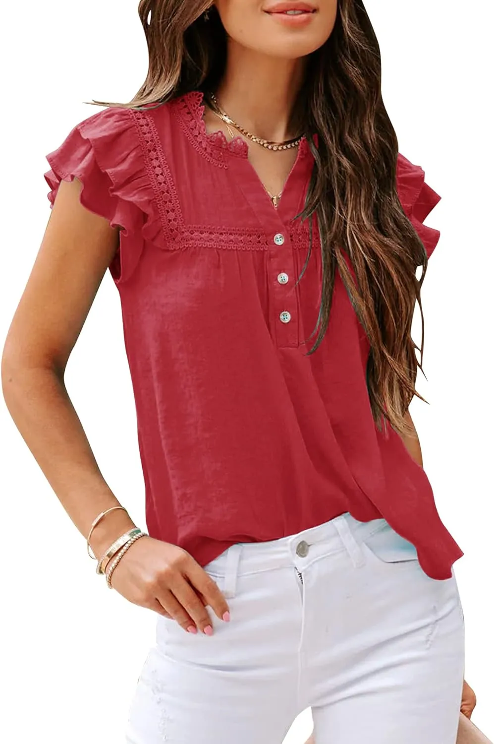PRETTODAY Women's V Neck Lace Crochet Shirts Button Down Short Sleeve Casual Blouse Tops