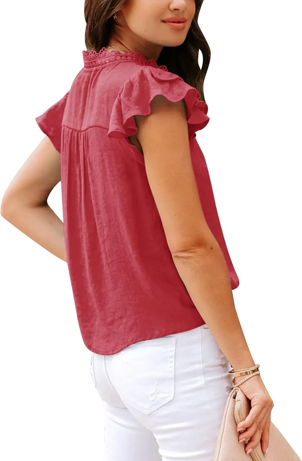 PRETTODAY Women's V Neck Lace Crochet Shirts Button Down Short Sleeve Casual Blouse Tops