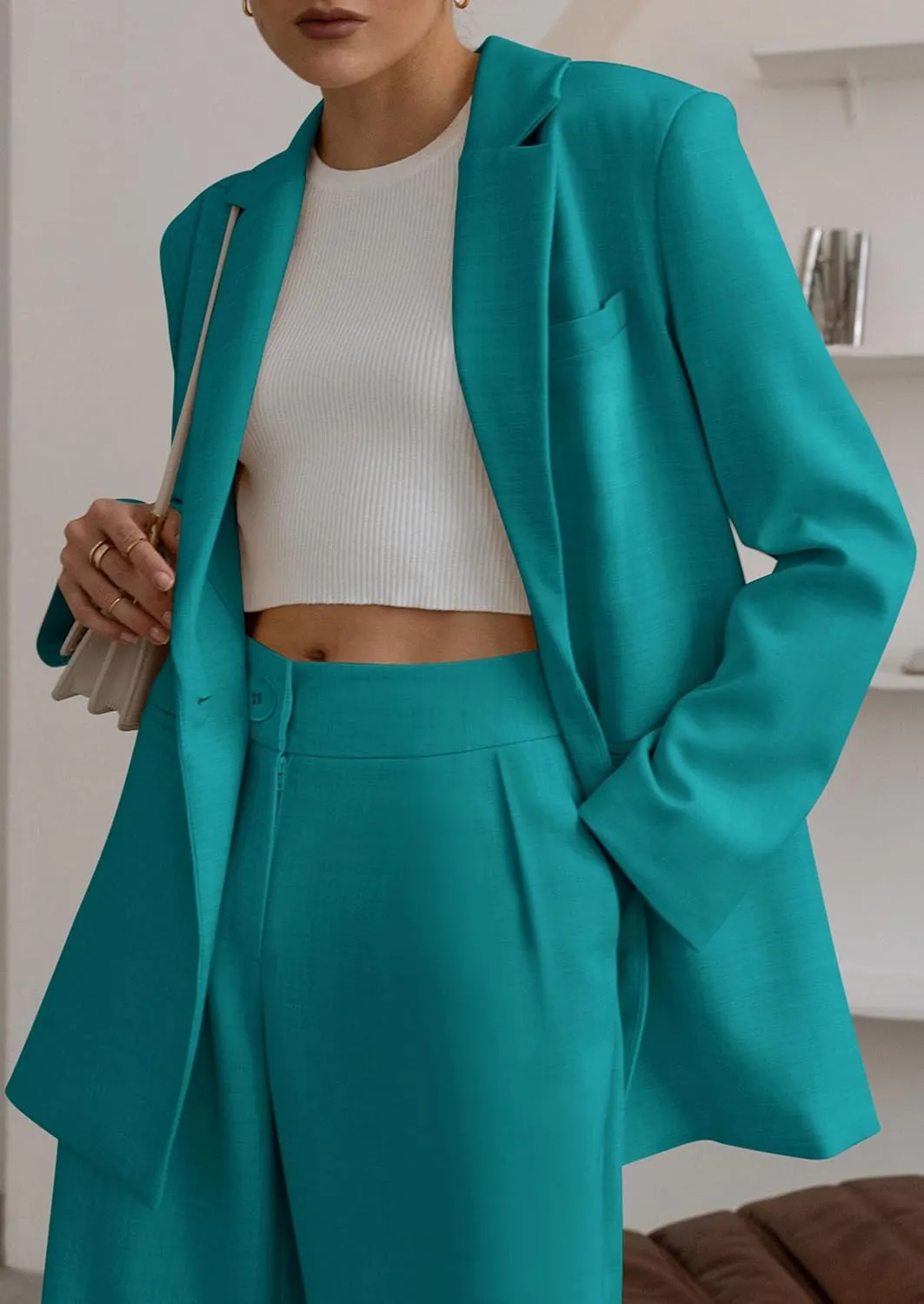 PRETTYGARDEN Women's Fall Two Piece Outfits Dressy Blazer Jacket and Wide Leg Pants Pockets Business Casual Office Suit Sets