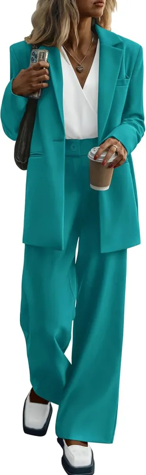 PRETTYGARDEN Women's Fall Two Piece Outfits Dressy Blazer Jacket and Wide Leg Pants Pockets Business Casual Office Suit Sets