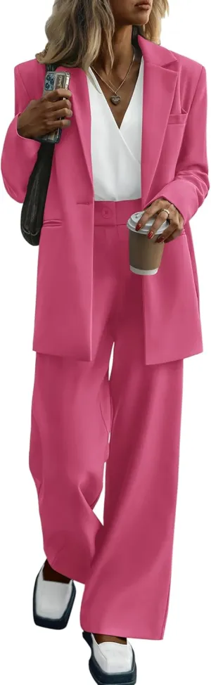 PRETTYGARDEN Women's Fall Two Piece Outfits Dressy Blazer Jacket and Wide Leg Pants Pockets Business Casual Office Suit Sets