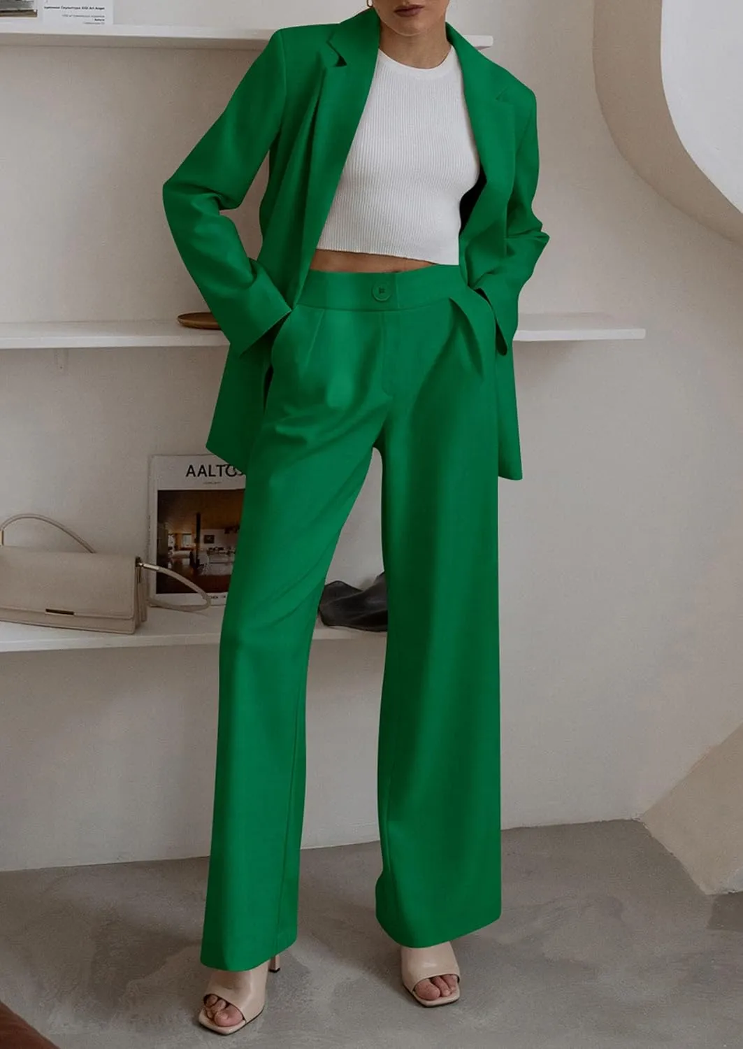 PRETTYGARDEN Women's Fall Two Piece Outfits Dressy Blazer Jacket and Wide Leg Pants Pockets Business Casual Office Suit Sets