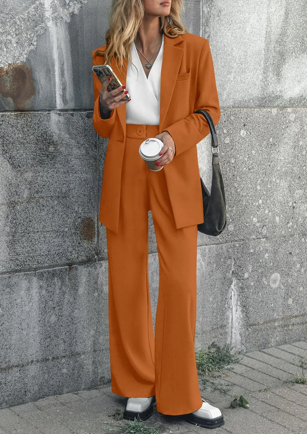 PRETTYGARDEN Women's Fall Two Piece Outfits Dressy Blazer Jacket and Wide Leg Pants Pockets Business Casual Office Suit Sets