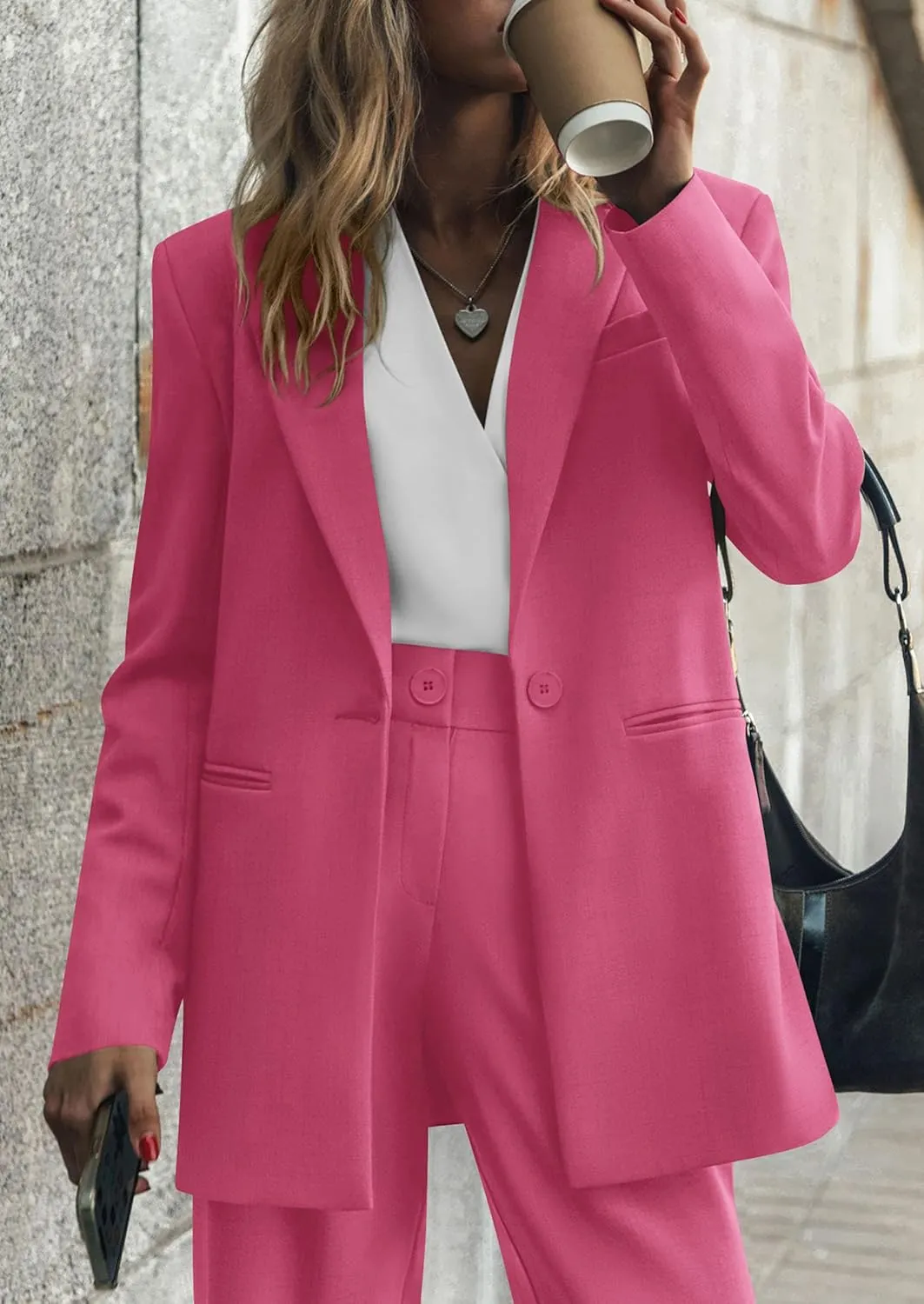 PRETTYGARDEN Women's Fall Two Piece Outfits Dressy Blazer Jacket and Wide Leg Pants Pockets Business Casual Office Suit Sets
