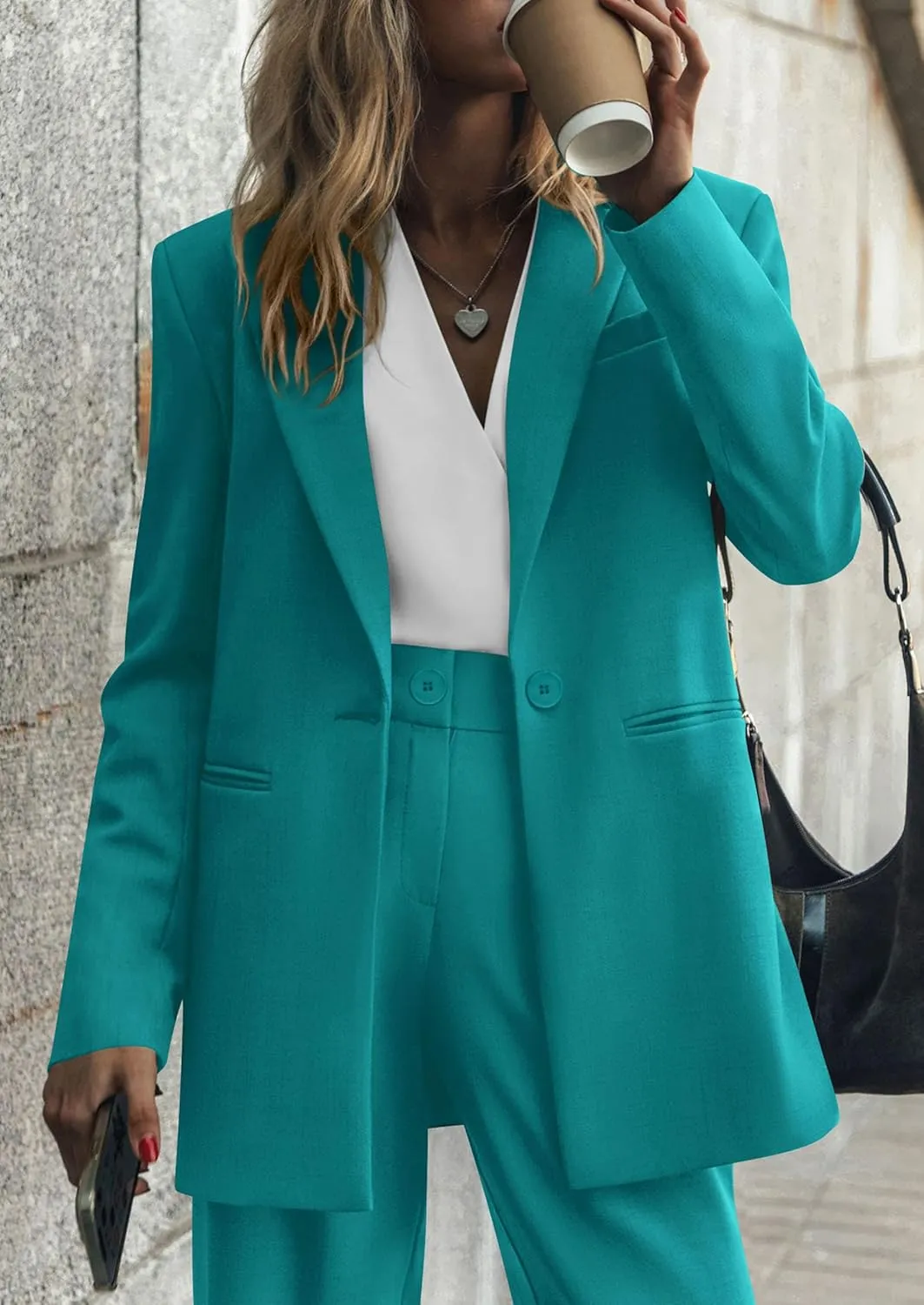 PRETTYGARDEN Women's Fall Two Piece Outfits Dressy Blazer Jacket and Wide Leg Pants Pockets Business Casual Office Suit Sets