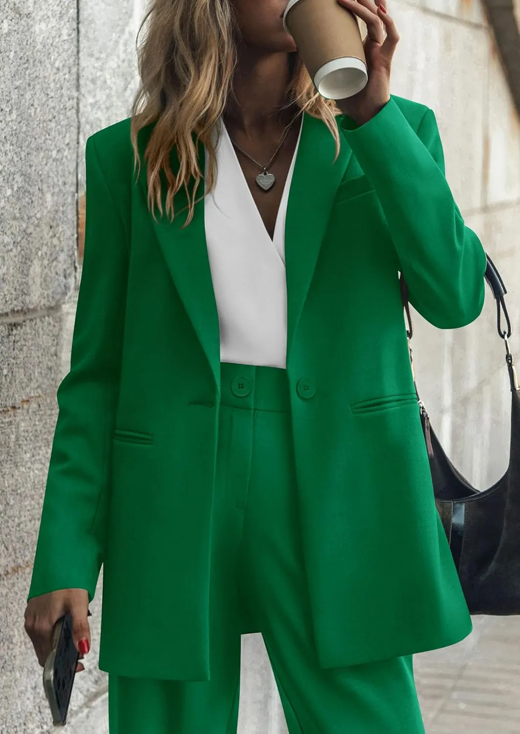 PRETTYGARDEN Women's Fall Two Piece Outfits Dressy Blazer Jacket and Wide Leg Pants Pockets Business Casual Office Suit Sets