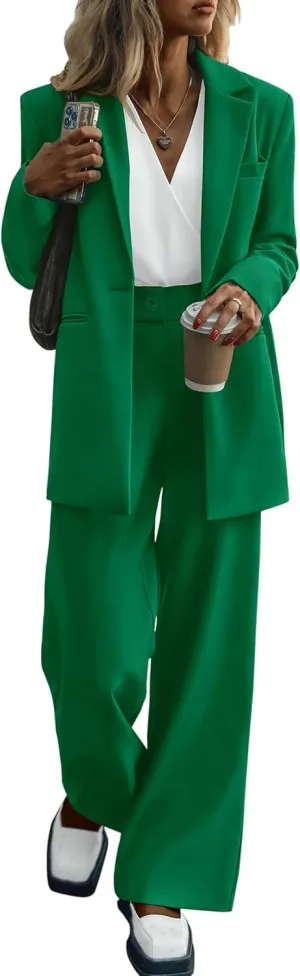 PRETTYGARDEN Women's Fall Two Piece Outfits Dressy Blazer Jacket and Wide Leg Pants Pockets Business Casual Office Suit Sets
