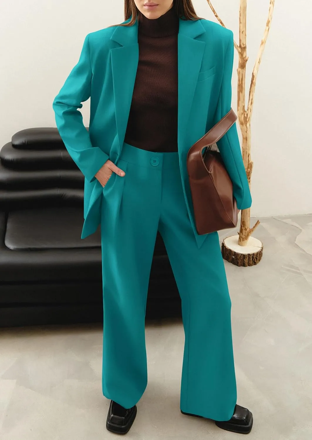 PRETTYGARDEN Women's Fall Two Piece Outfits Dressy Blazer Jacket and Wide Leg Pants Pockets Business Casual Office Suit Sets