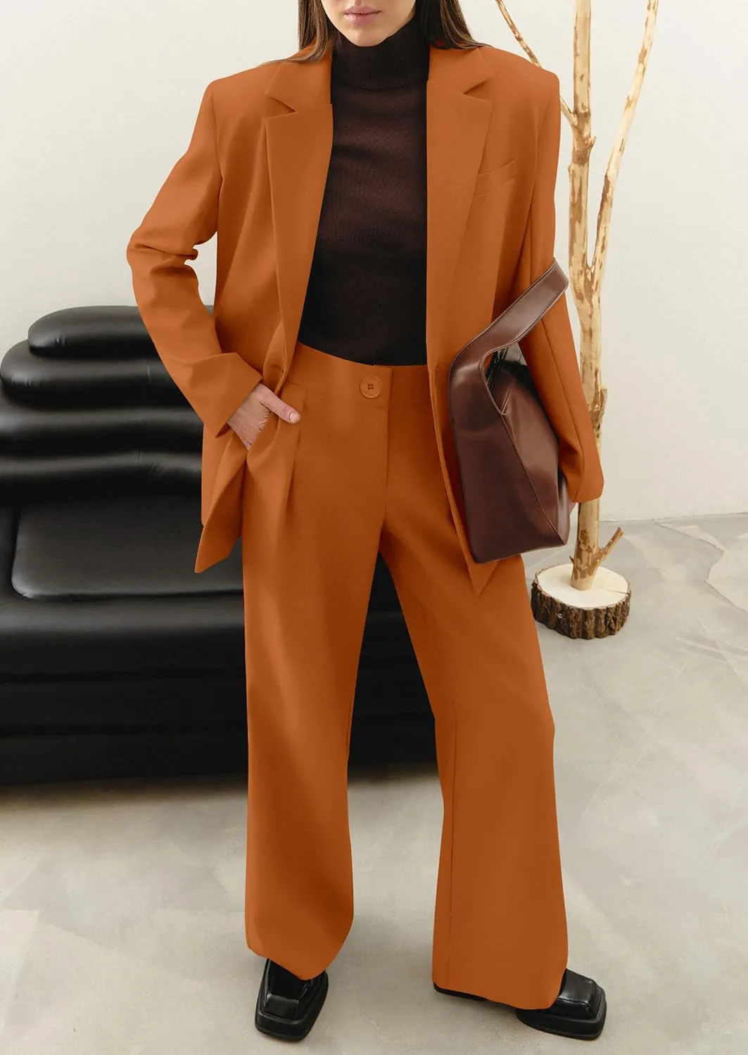 PRETTYGARDEN Women's Fall Two Piece Outfits Dressy Blazer Jacket and Wide Leg Pants Pockets Business Casual Office Suit Sets