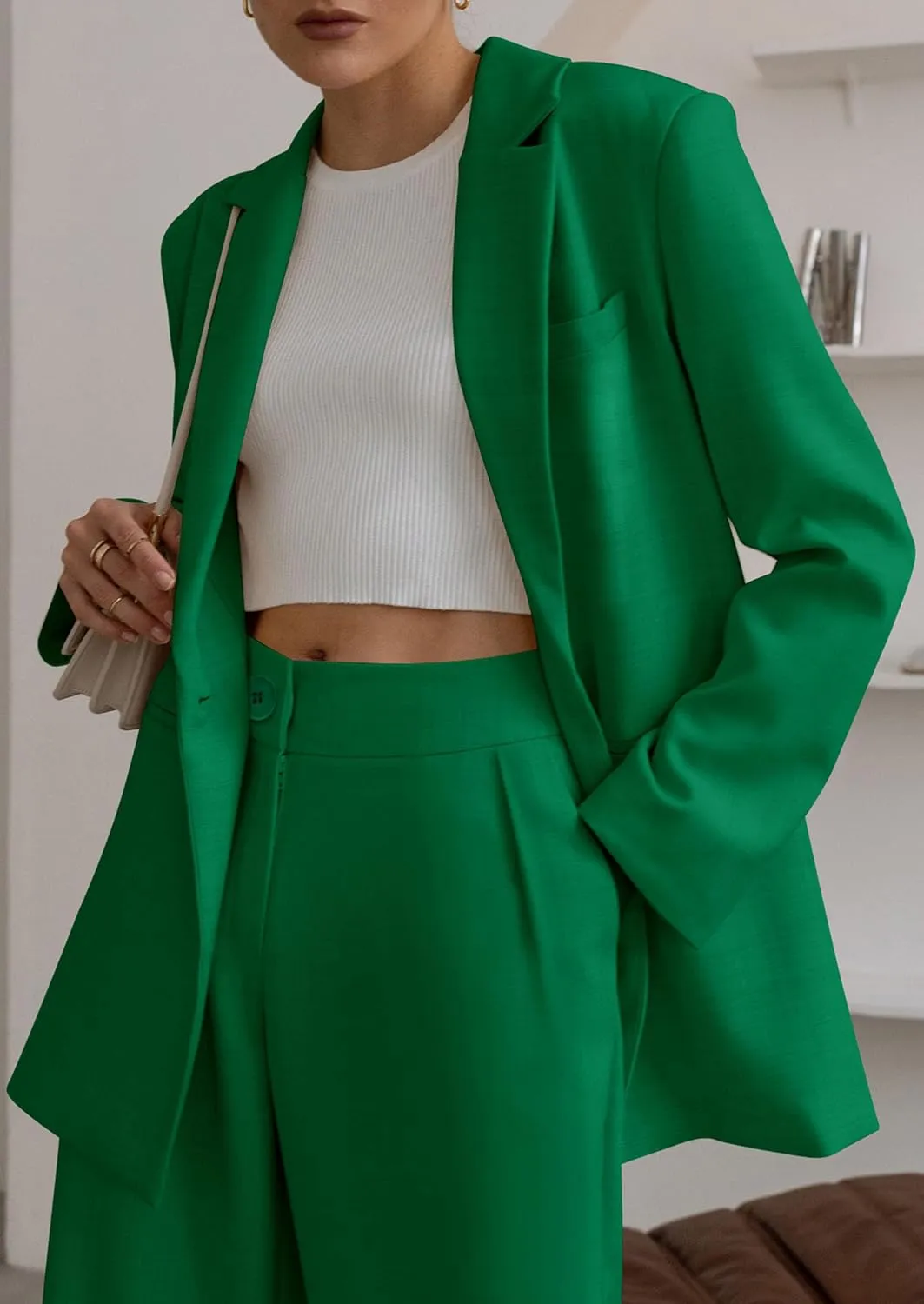 PRETTYGARDEN Women's Fall Two Piece Outfits Dressy Blazer Jacket and Wide Leg Pants Pockets Business Casual Office Suit Sets