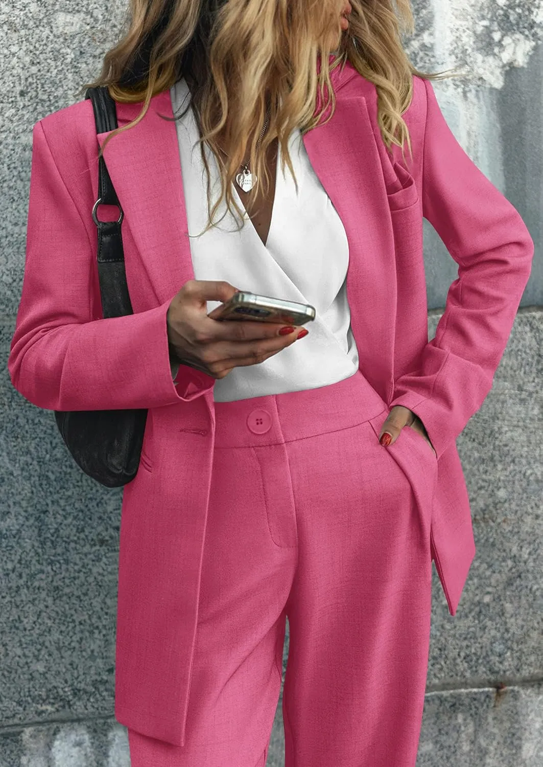 PRETTYGARDEN Women's Fall Two Piece Outfits Dressy Blazer Jacket and Wide Leg Pants Pockets Business Casual Office Suit Sets