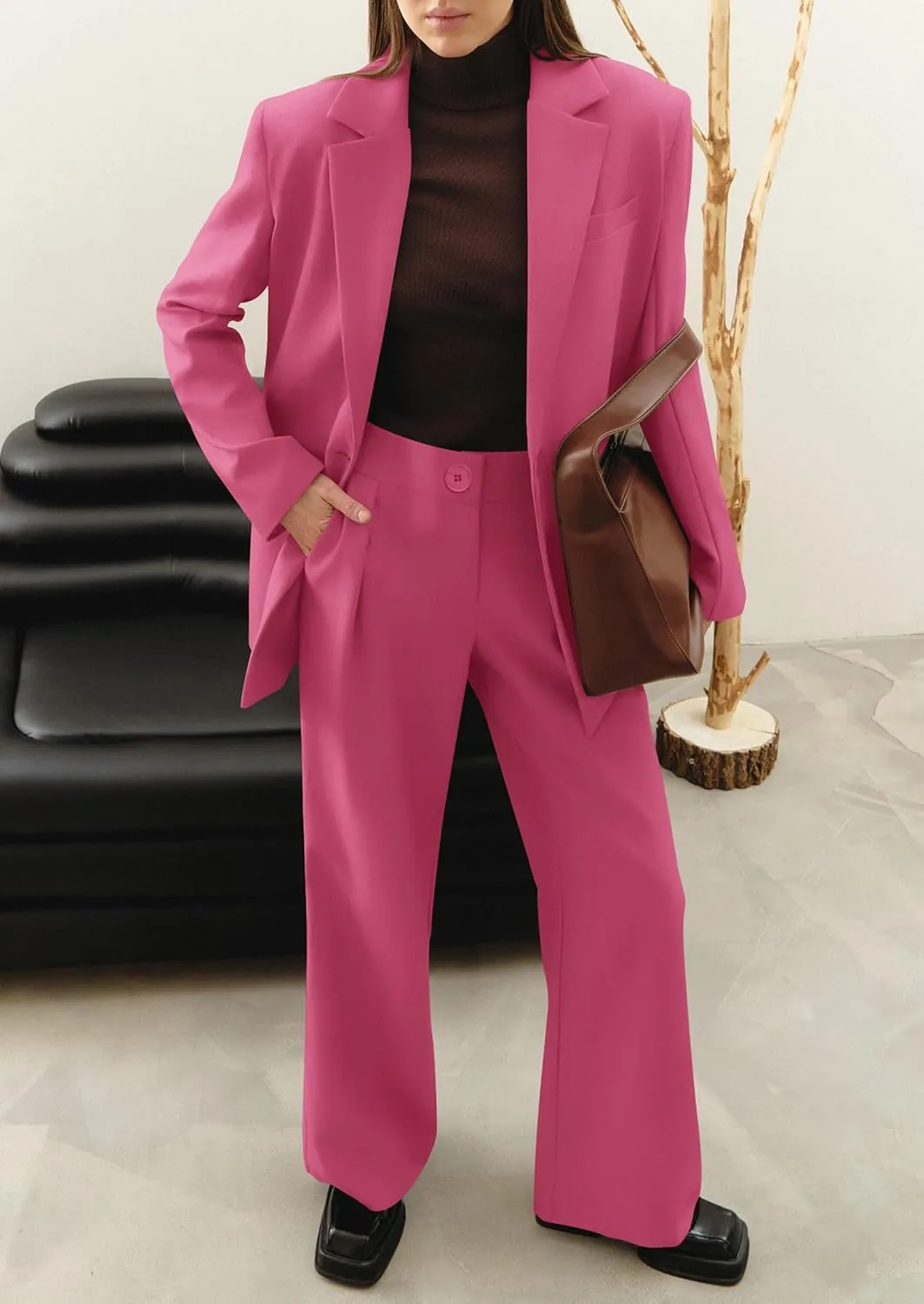 PRETTYGARDEN Women's Fall Two Piece Outfits Dressy Blazer Jacket and Wide Leg Pants Pockets Business Casual Office Suit Sets