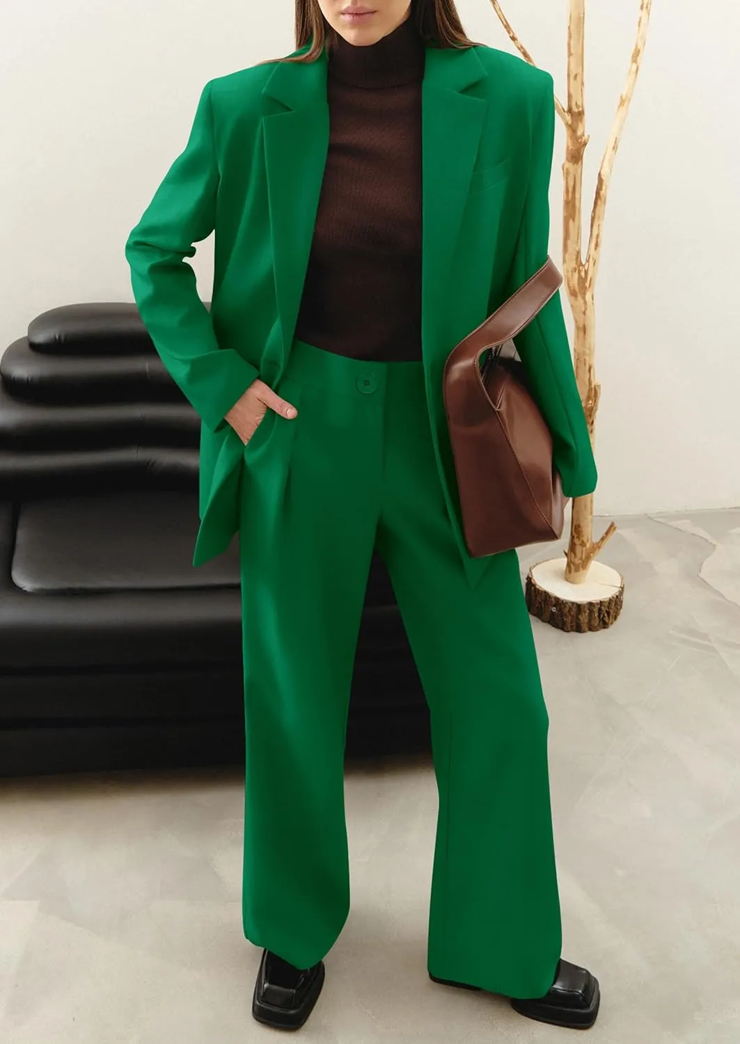PRETTYGARDEN Women's Fall Two Piece Outfits Dressy Blazer Jacket and Wide Leg Pants Pockets Business Casual Office Suit Sets