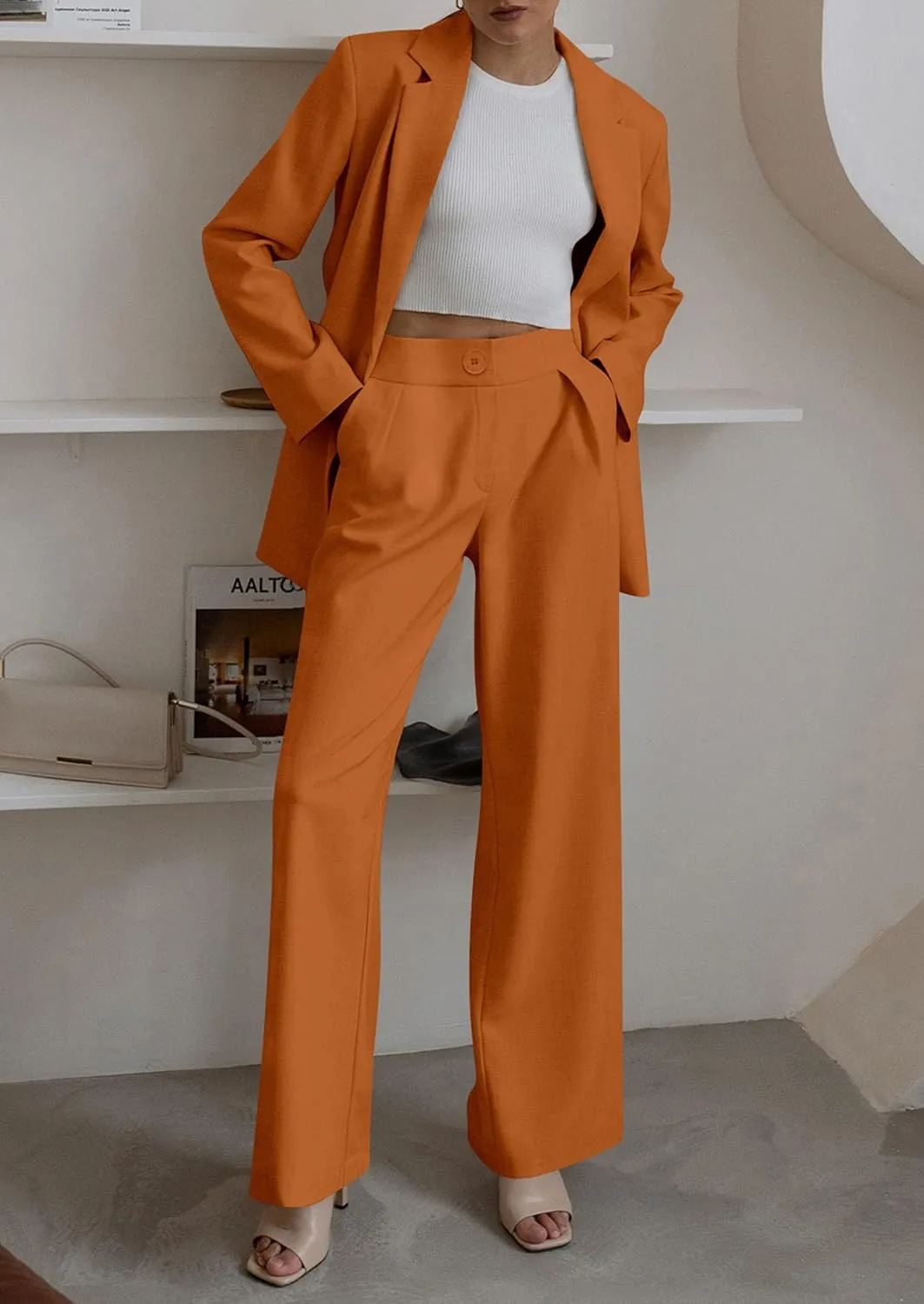 PRETTYGARDEN Women's Fall Two Piece Outfits Dressy Blazer Jacket and Wide Leg Pants Pockets Business Casual Office Suit Sets