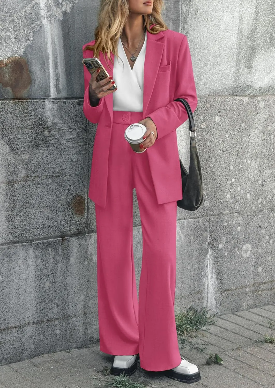 PRETTYGARDEN Women's Fall Two Piece Outfits Dressy Blazer Jacket and Wide Leg Pants Pockets Business Casual Office Suit Sets