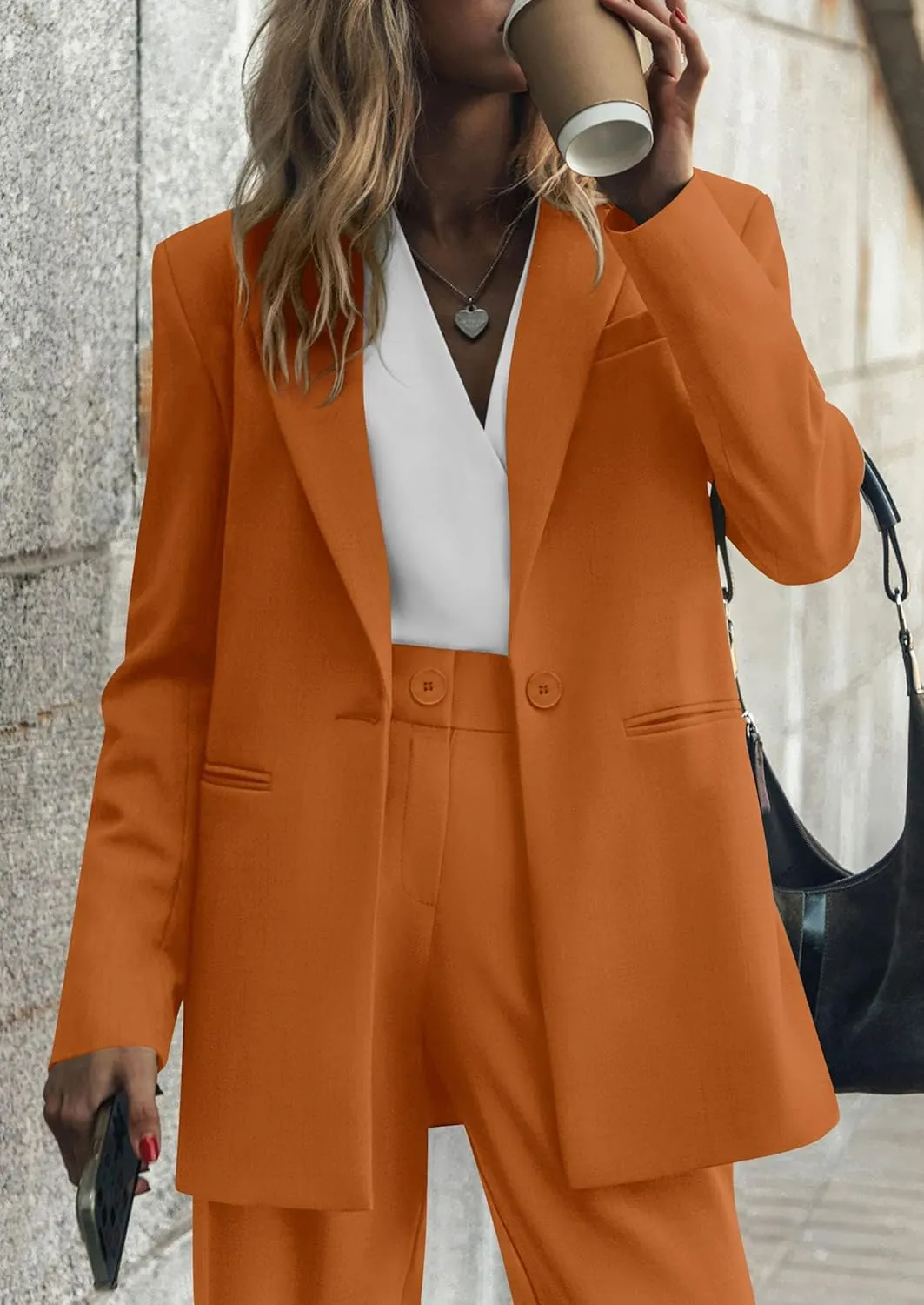 PRETTYGARDEN Women's Fall Two Piece Outfits Dressy Blazer Jacket and Wide Leg Pants Pockets Business Casual Office Suit Sets