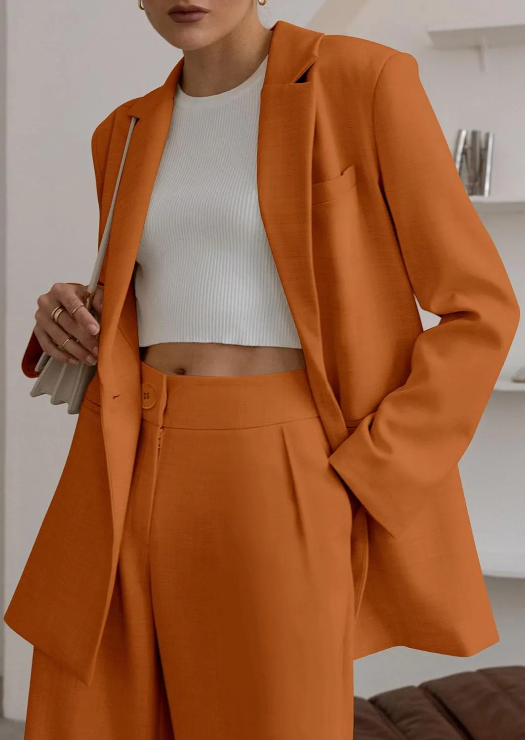 PRETTYGARDEN Women's Fall Two Piece Outfits Dressy Blazer Jacket and Wide Leg Pants Pockets Business Casual Office Suit Sets