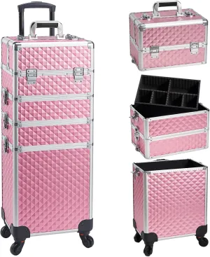 Professional 4 in 1 Rolling Makeup Train Case with Wheels Cosmetic Trolley and Cosmetology Cart Trunk for Makeup Artists Hairstylists Nail Techs and Salons Large Capacity Pink
