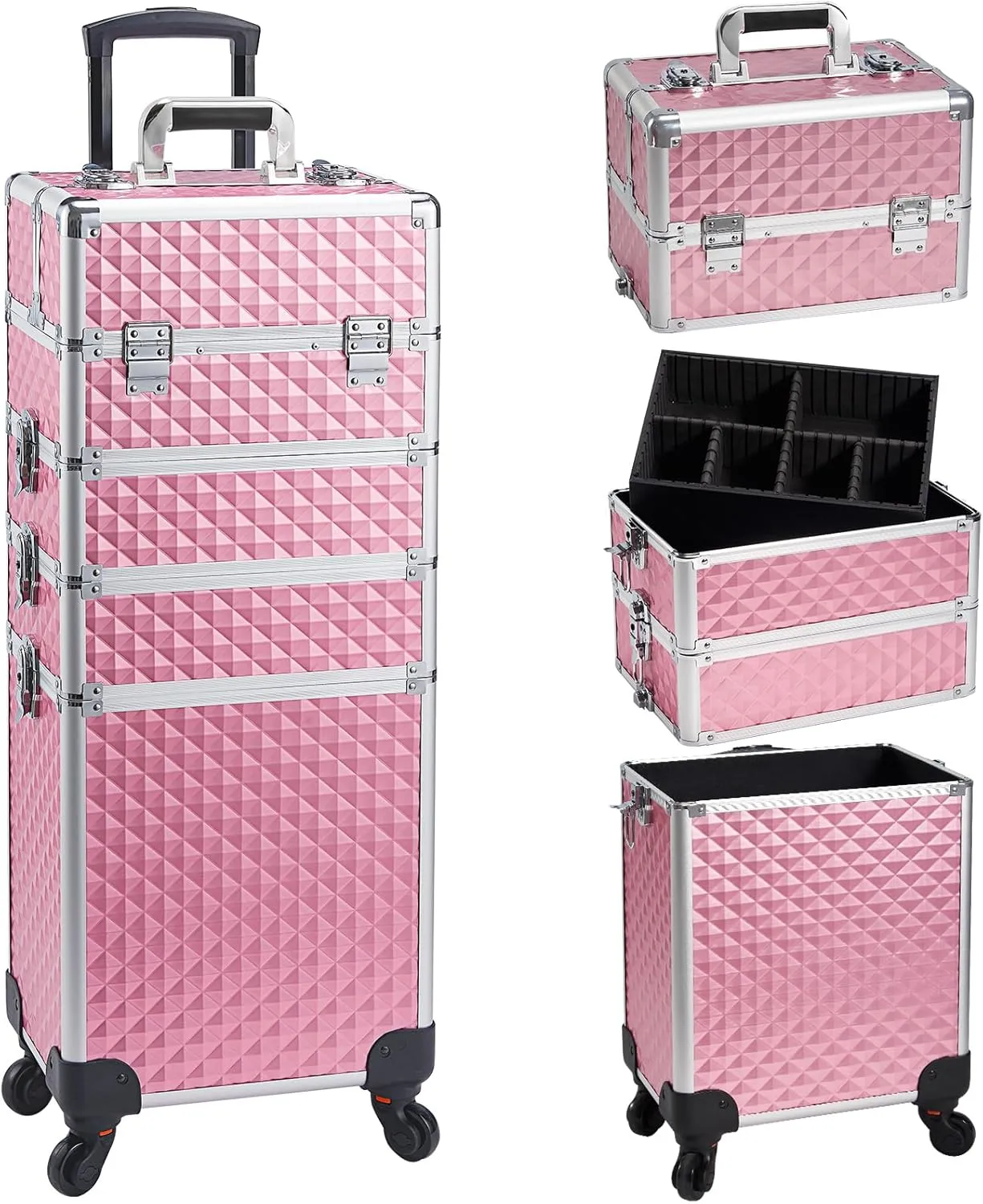 Professional 4 in 1 Rolling Makeup Train Case with Wheels Cosmetic Trolley and Cosmetology Cart Trunk for Makeup Artists Hairstylists Nail Techs and Salons Large Capacity Pink
