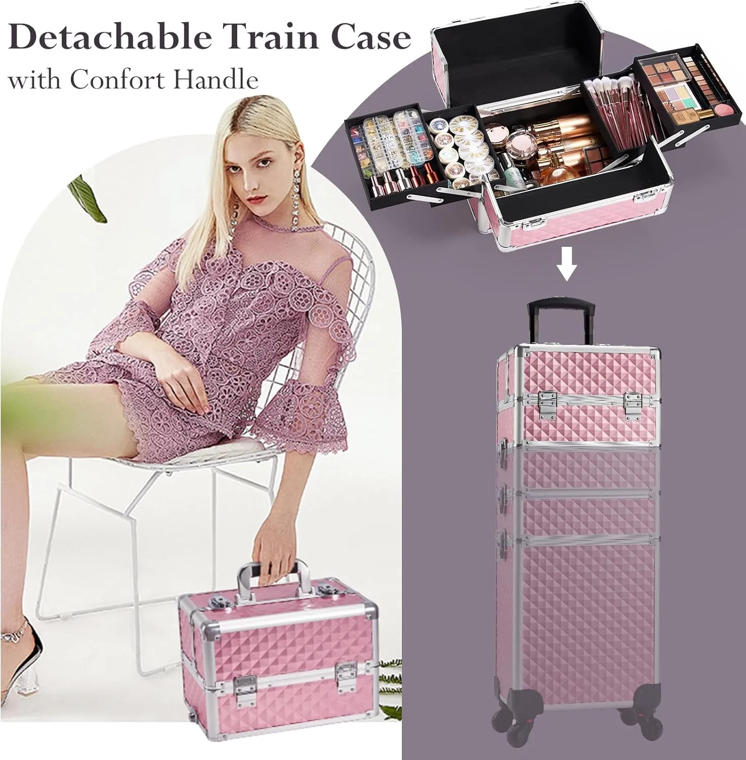 Professional 4 in 1 Rolling Makeup Train Case with Wheels Cosmetic Trolley and Cosmetology Cart Trunk for Makeup Artists Hairstylists Nail Techs and Salons Large Capacity Pink