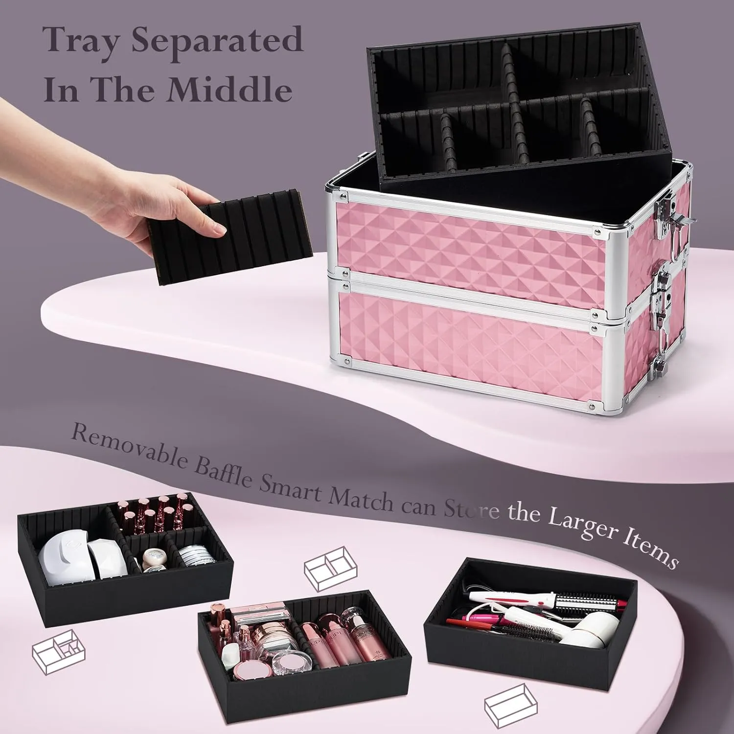 Professional 4 in 1 Rolling Makeup Train Case with Wheels Cosmetic Trolley and Cosmetology Cart Trunk for Makeup Artists Hairstylists Nail Techs and Salons Large Capacity Pink