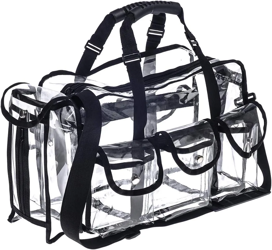 Professional Clear PVC Makeup Kits Organizer Make up Set Bag MUA Carry All Artist Transparent Vinyl Travel Cosmetic Bag with 6 External Pockets & Tissue Holder