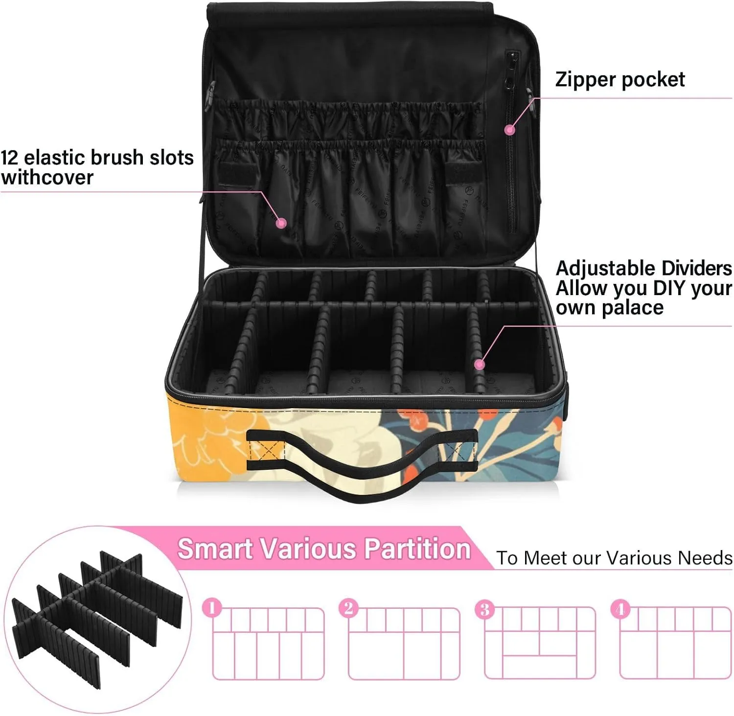 Professional Makeup Bag Organizer 14.6" Travel Cosmetic Case with 10 Adjustable Dividers