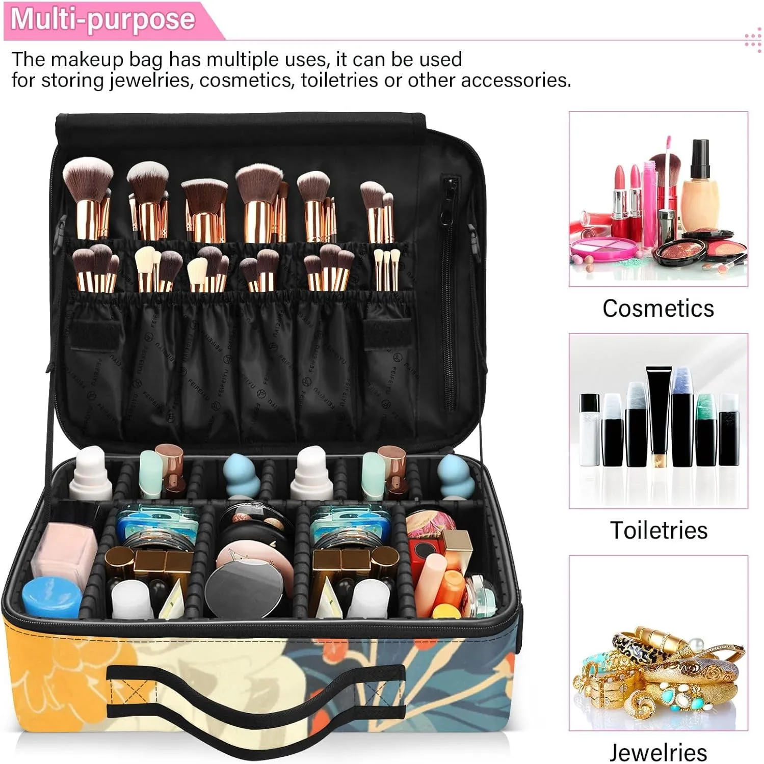 Professional Makeup Bag Organizer 14.6" Travel Cosmetic Case with 10 Adjustable Dividers