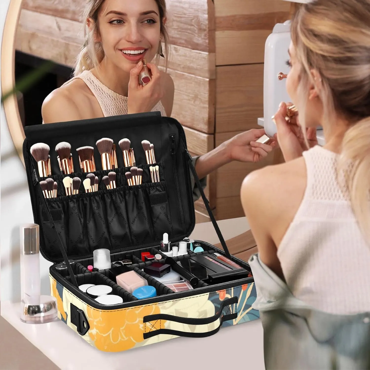 Professional Makeup Bag Organizer 14.6" Travel Cosmetic Case with 10 Adjustable Dividers