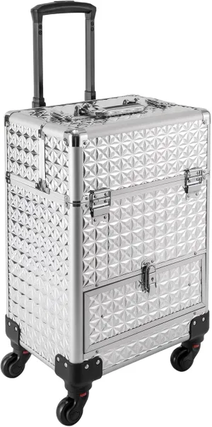 Professional Rolling Makeup Case, Polish Organizer Professional Makeup Trolley Aluminum Trolley Train Case Cosmetic Organizer with Sliding Drawers,360° Rotatable Wheels (Silver)