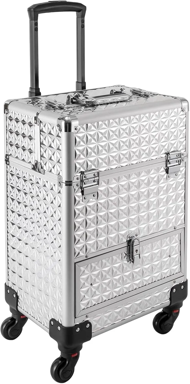 Professional Rolling Makeup Case, Polish Organizer Professional Makeup Trolley Aluminum Trolley Train Case Cosmetic Organizer with Sliding Drawers,360° Rotatable Wheels (Silver)