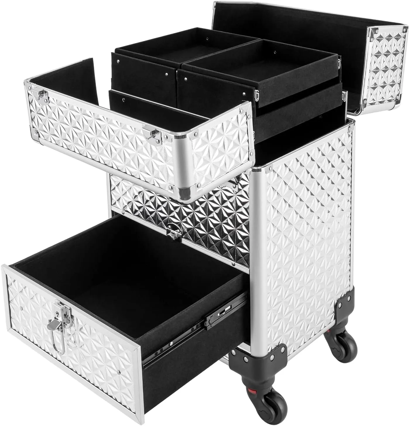 Professional Rolling Makeup Case, Polish Organizer Professional Makeup Trolley Aluminum Trolley Train Case Cosmetic Organizer with Sliding Drawers,360° Rotatable Wheels (Silver)